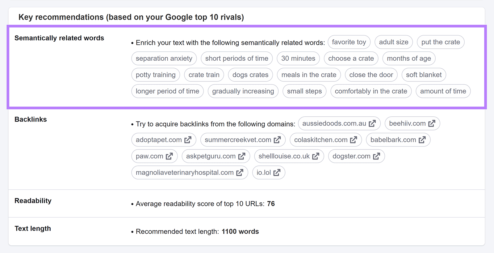 Semantically related words row highlighted in Key recommendations section