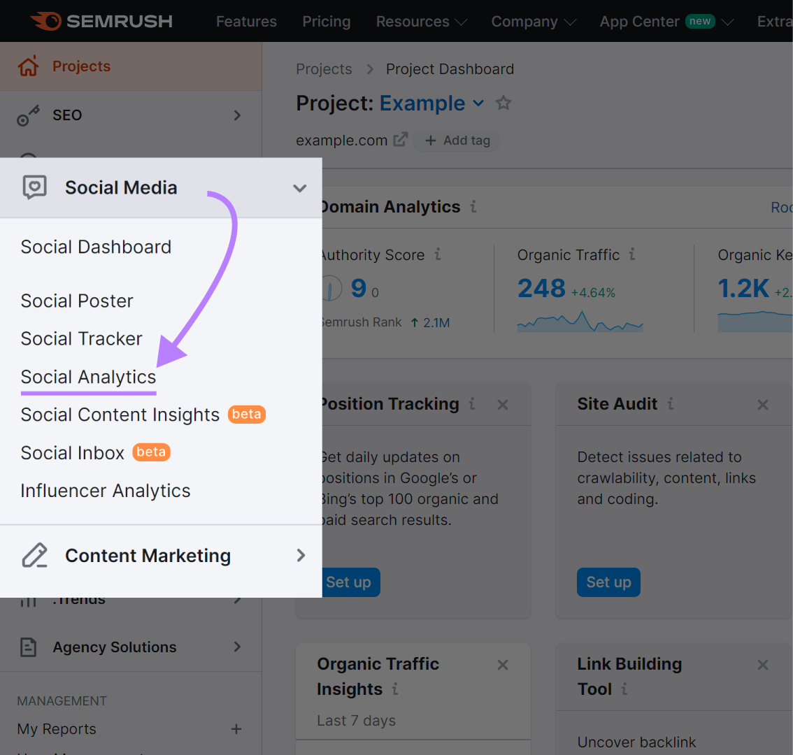 Navigating to "Social Analytics" in Semrush menu