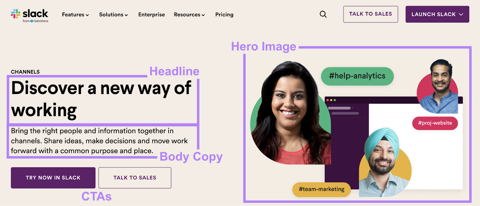 Parts of a landing page are highlighted in this example of Slack