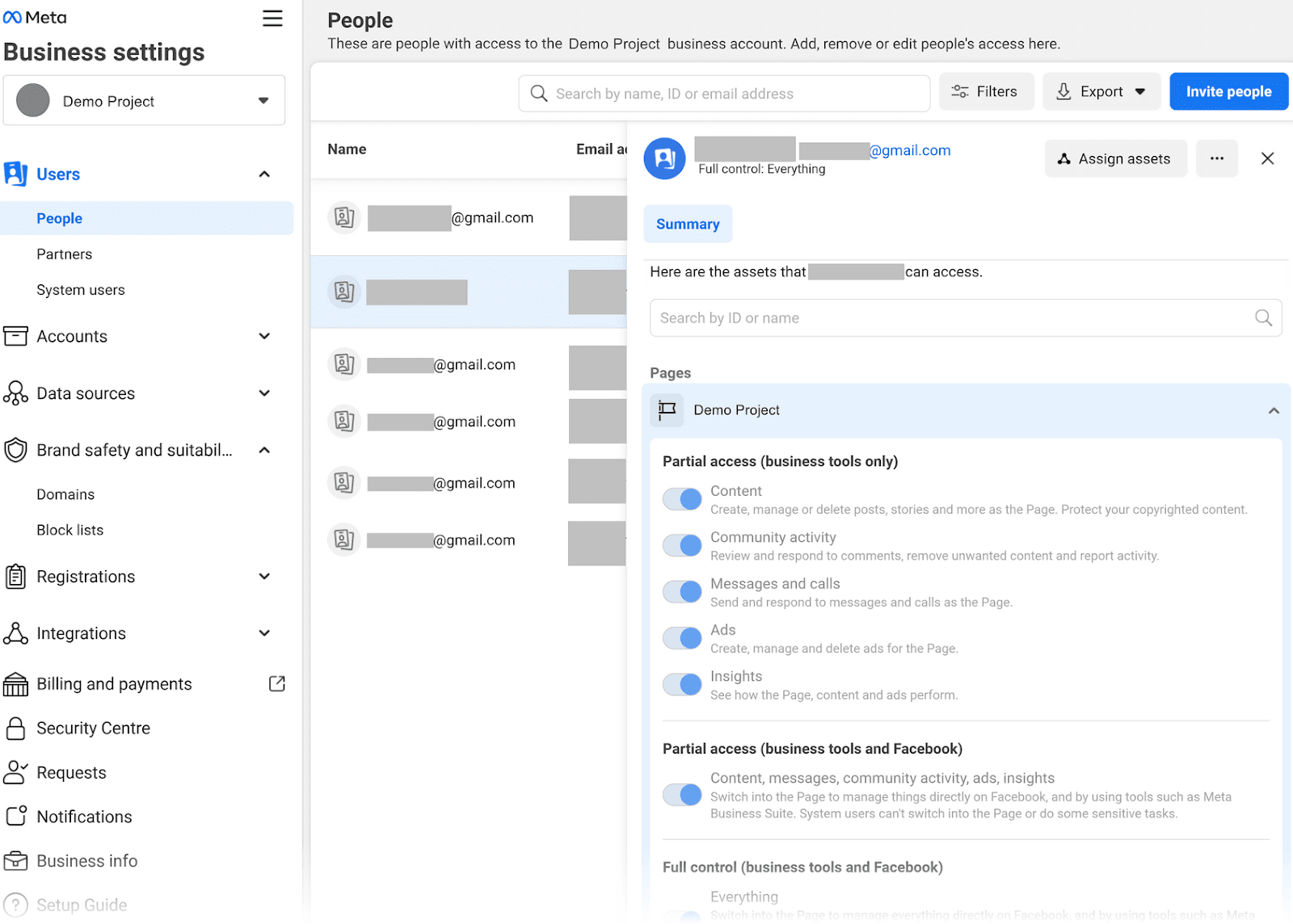 "People" page in Meta Business settings