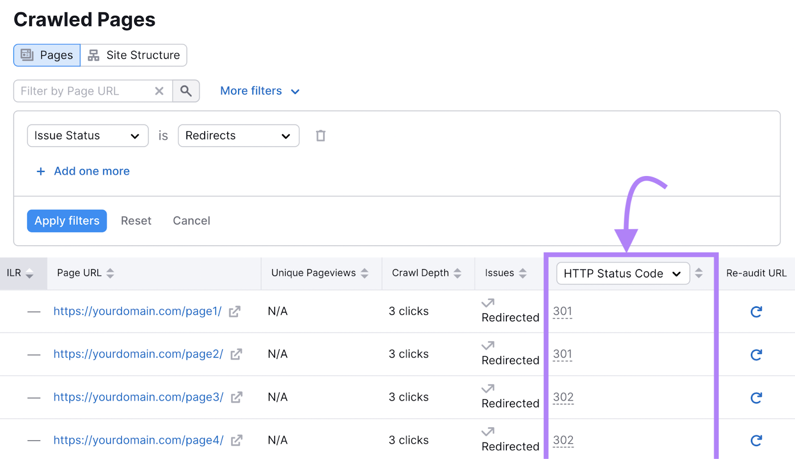 list of URLs highlighted in the report showing the type of redirect, i.e. 301, 302 redirect