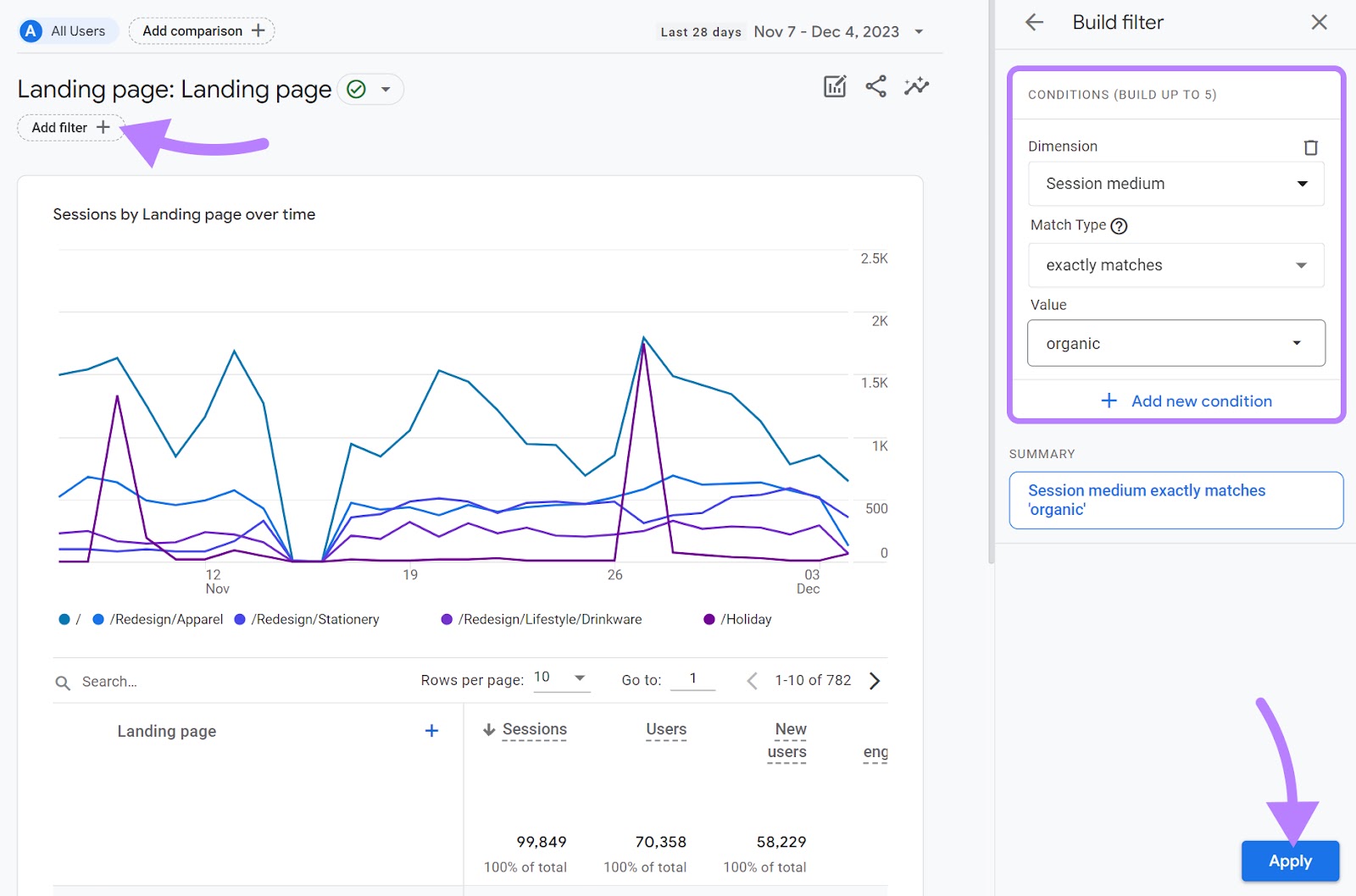 Filtering data for organic search traffic in Landing page report in GA4