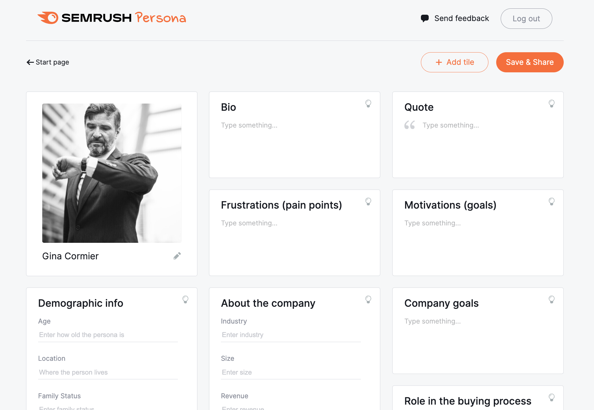 Semrush buyer persona tool showing a buyer persona’s demographic info, bio, pain points, goals, and motivations in one place. 