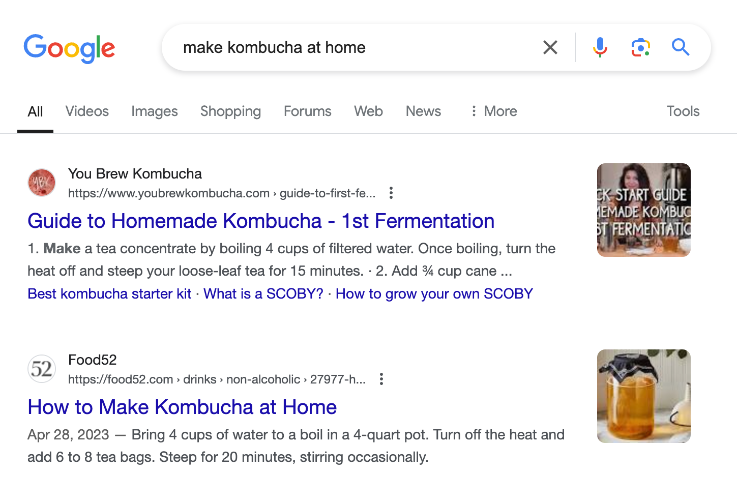 organic results show two guides for how to "make kombucha at home"