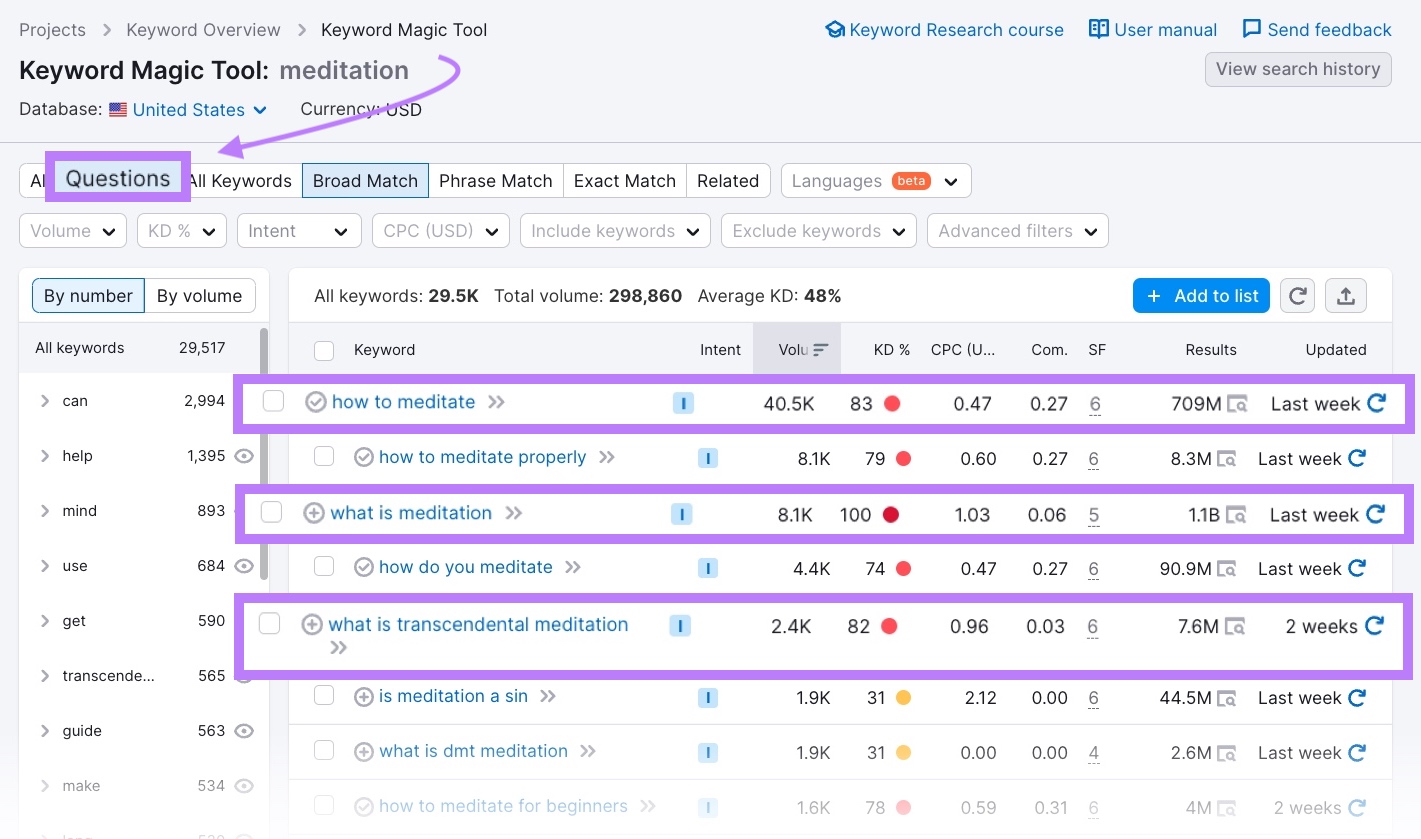 "Questions" keyword results for "meditation" in Keyword Magic Tool