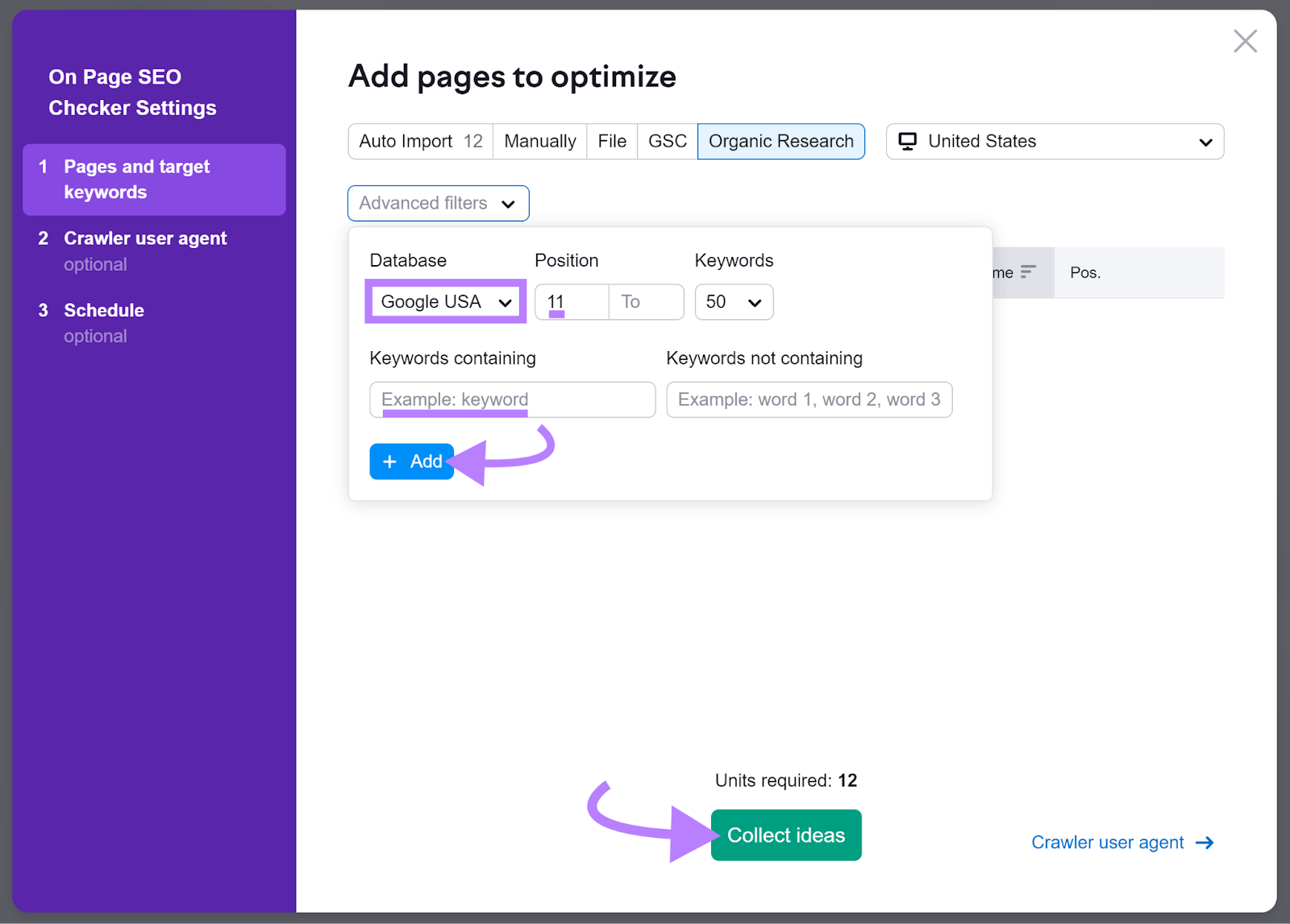 Advanced filters clicked, database set to Google USA, Position from 11, Keywords 50, Add button highlighted, and arrow to Collect ideas