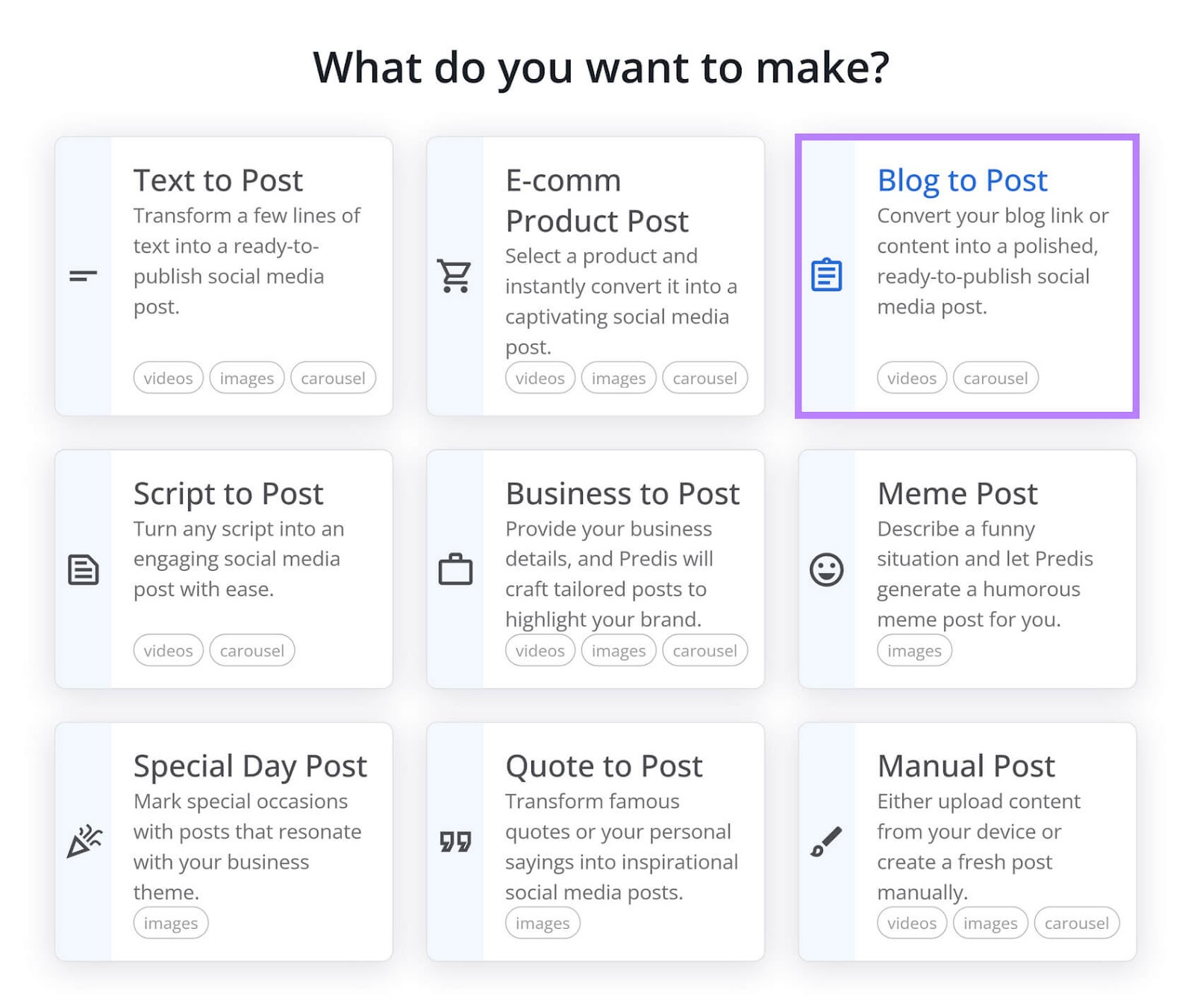 AI Social Content Generator interface displaying various social media content creation options with focus on "Blog to Post."