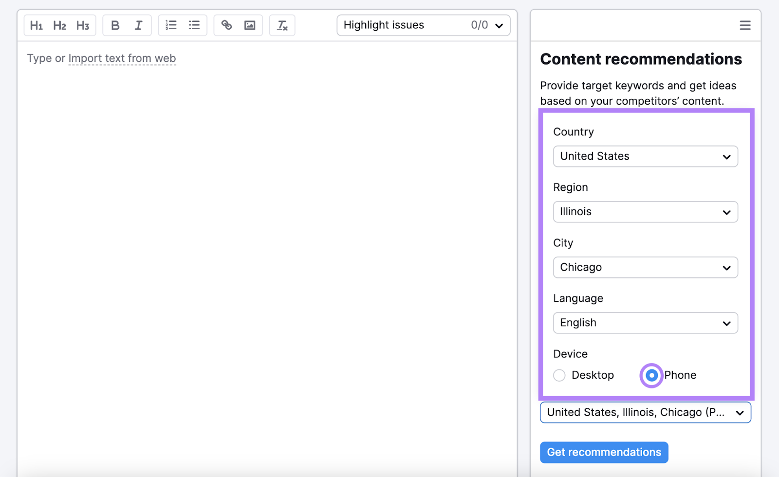 set location and choose phone as device for seo writing assistant setup