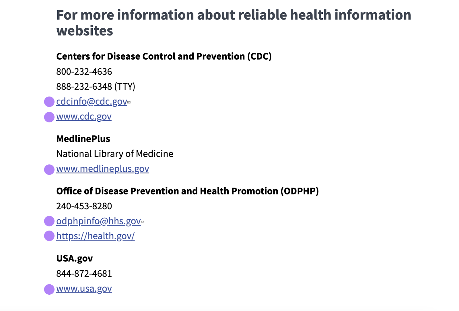 naked links like www.medlineplus.gov and www.cdc.gov appear written in their full URLs