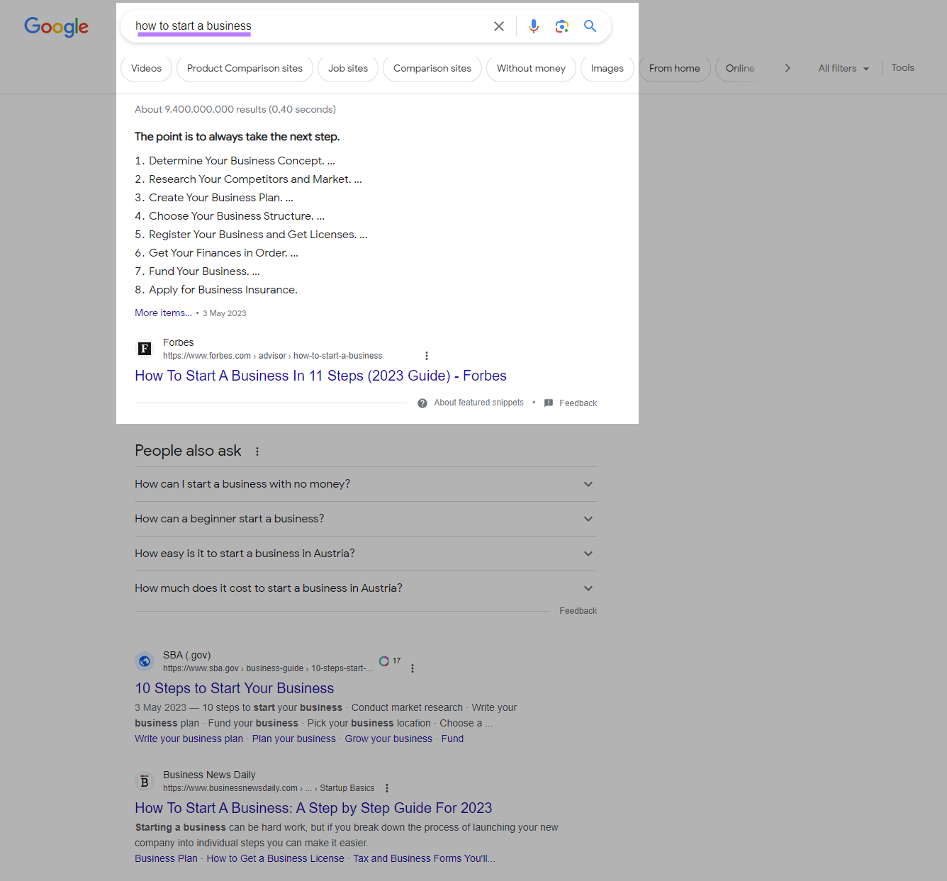 Forbes's featured snippet result for “how to start a business” search