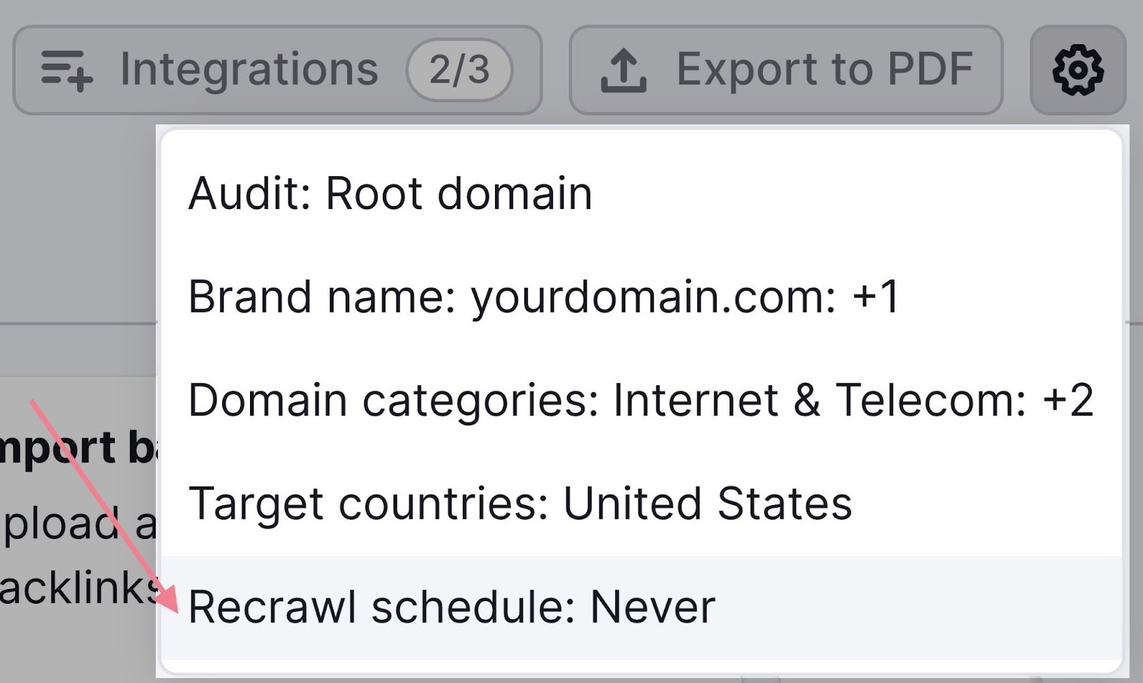 recrawl schedule option in Backlink Audit tool