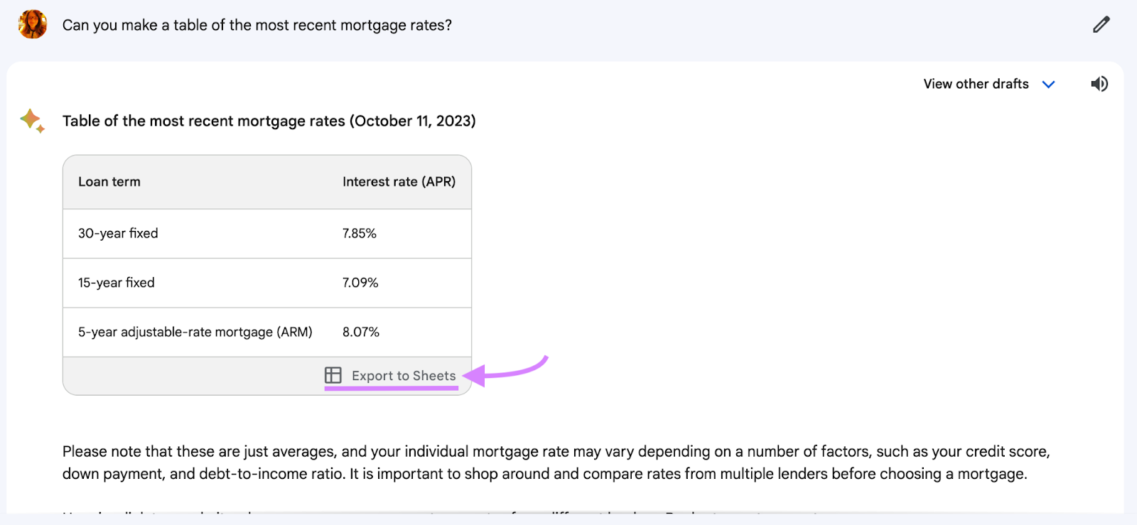 "Export to Sheets" option highlighted in Bard