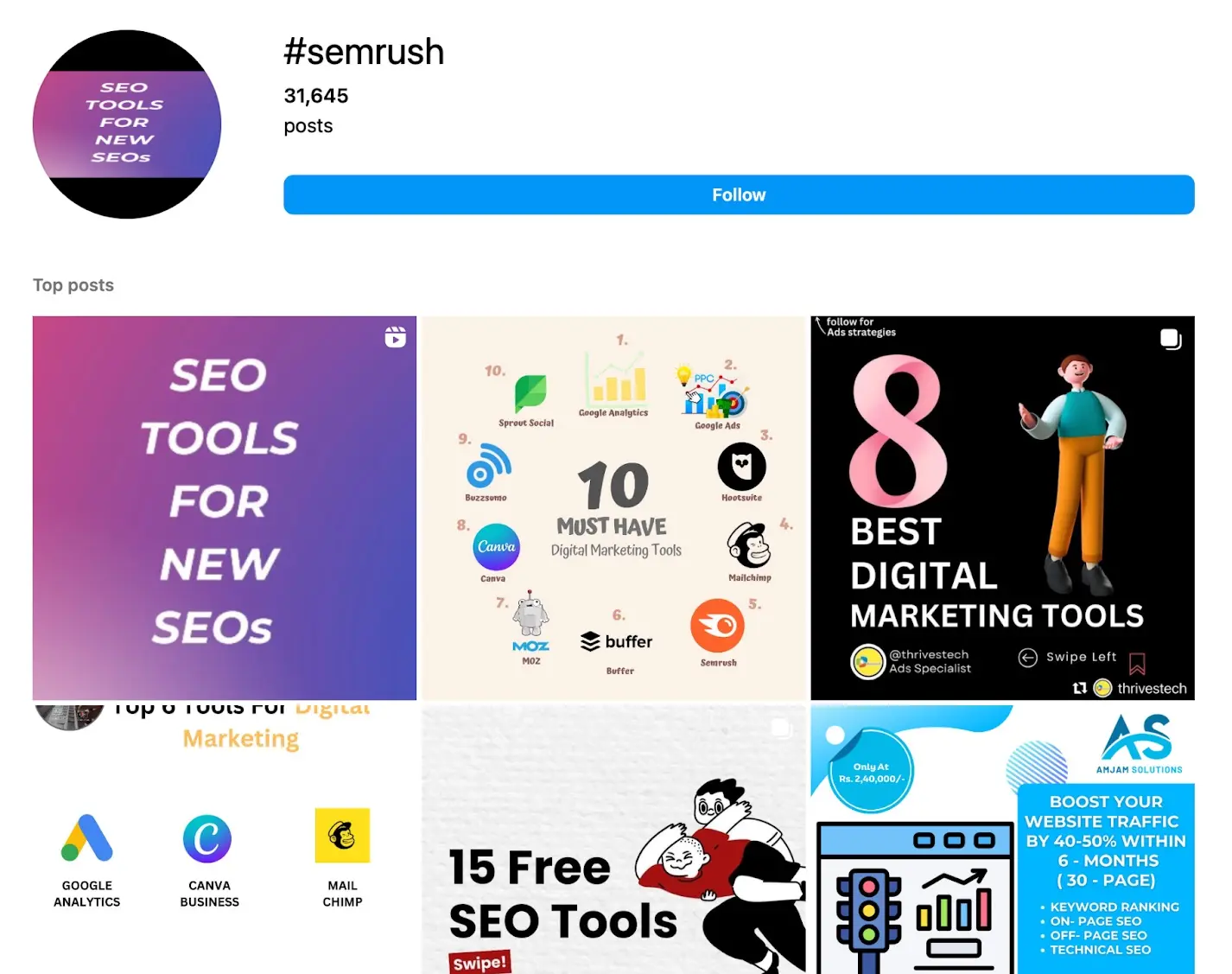 Instagram page showing posts that use #semrush tag