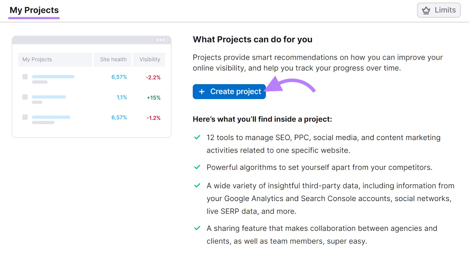 "My projects" section with the "+ Create project" button highlighted.