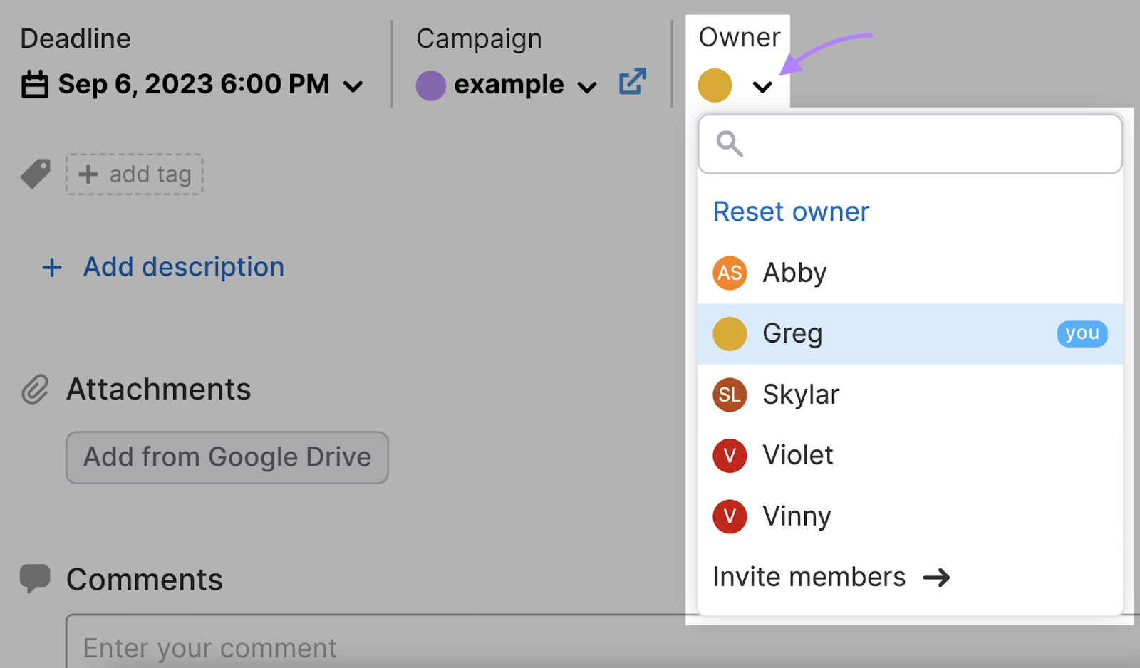 Assigning tasks to team members in Marketing Calendar