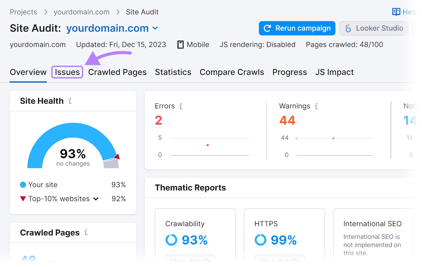 “Issues” tab highlighted in the Site Audit dashboard