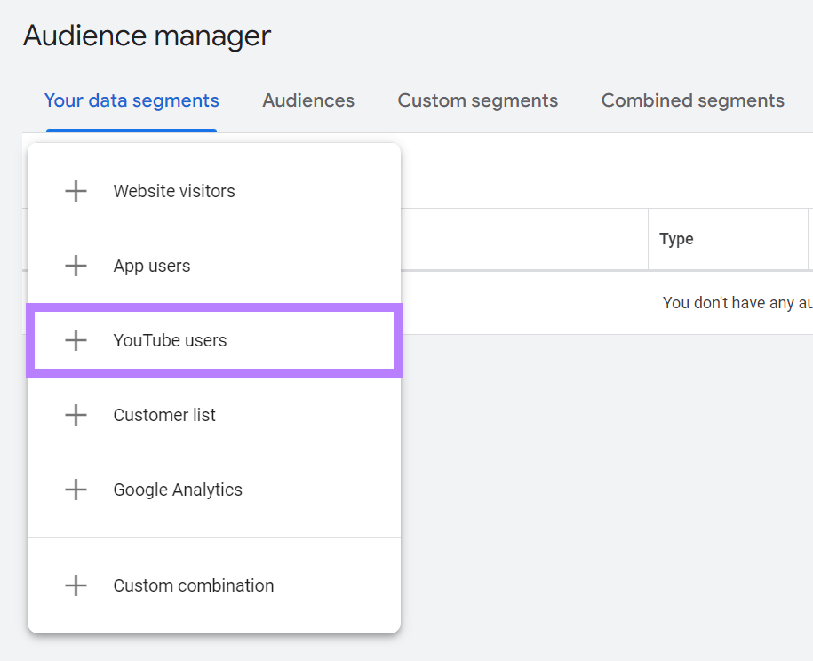 “YouTube users" selected under data segments section