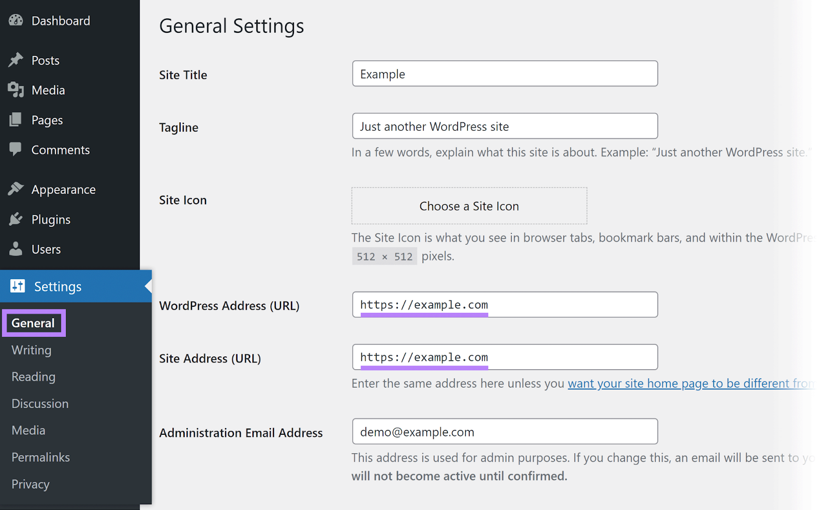 General sub menu item and WordPress Address and Site Address input fields highlighted