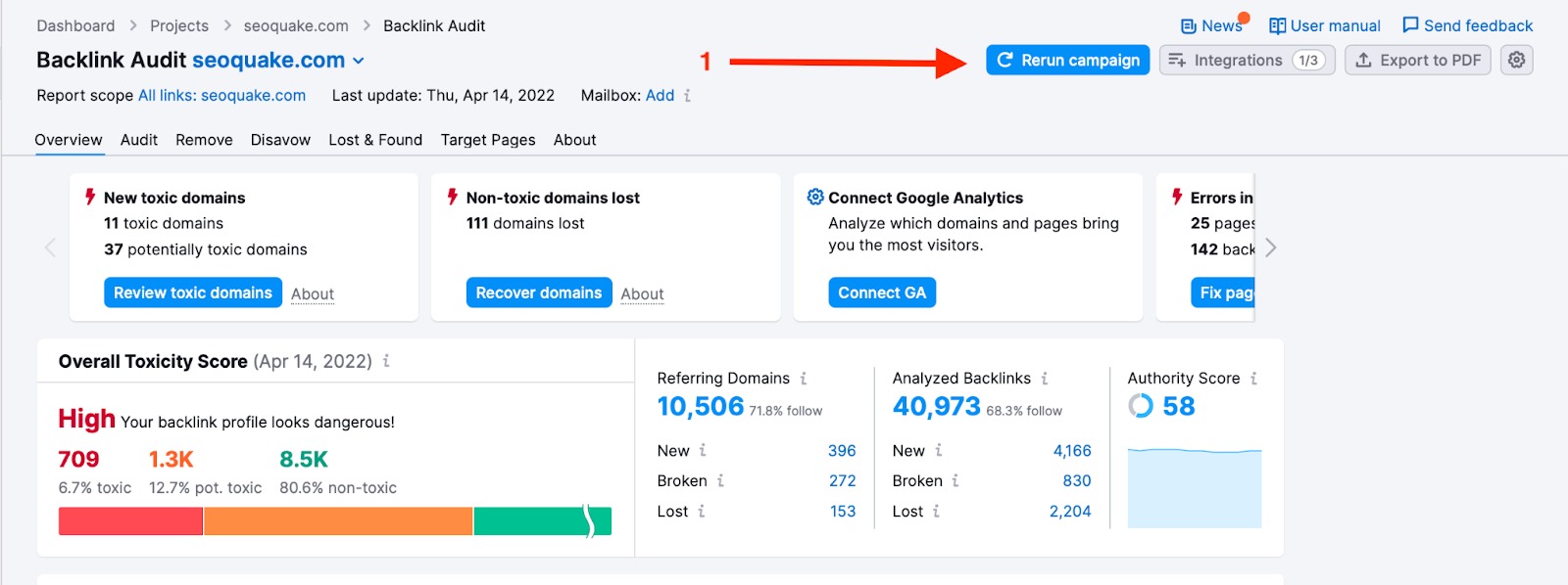 Backlink Audit re-run campaign button