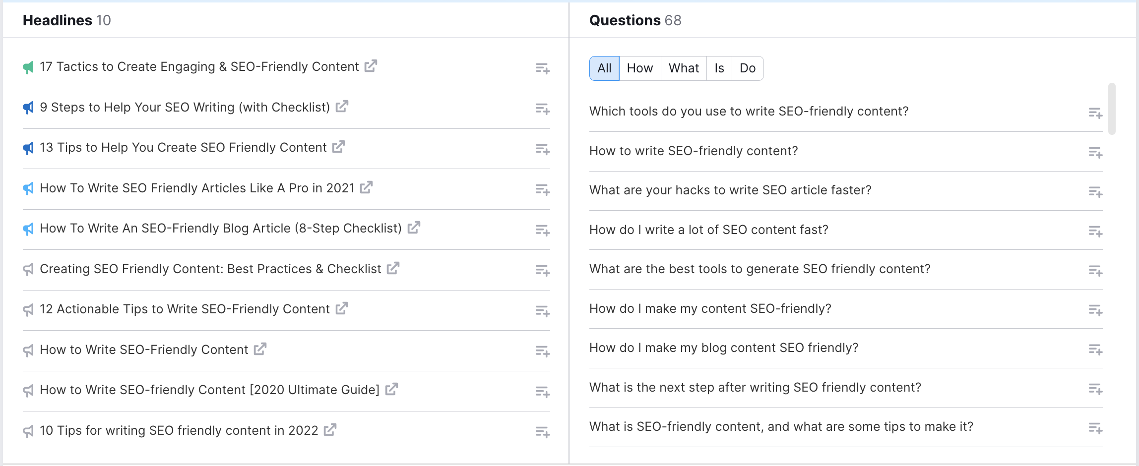 Topic Research tool. This example shows a list of headlines related to the topic to the left and and a list of questions related to the topic on the right. 