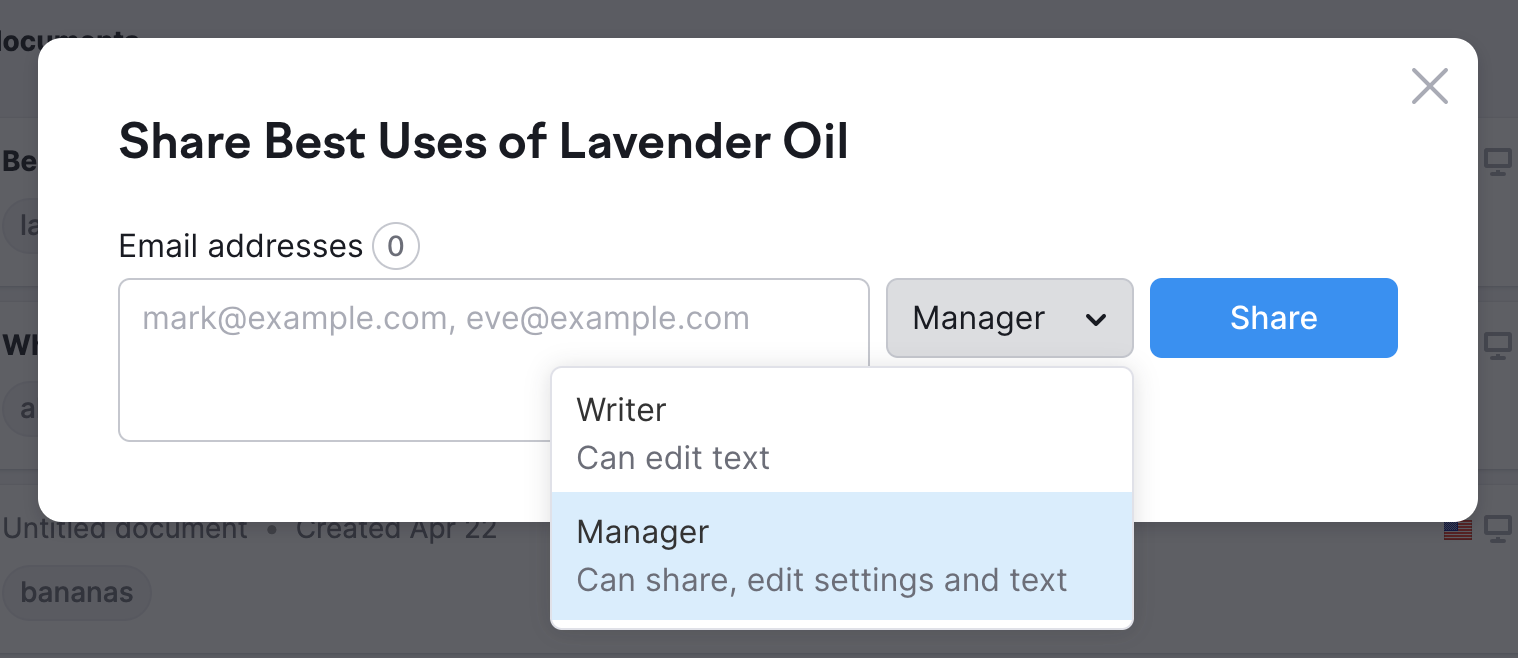 SEO Writing Assistant sharing menu: if you click the Manager button you will see two levels of access – Writer (who can edit a text) and a Manager (who can share the doc, edit settings and a text).