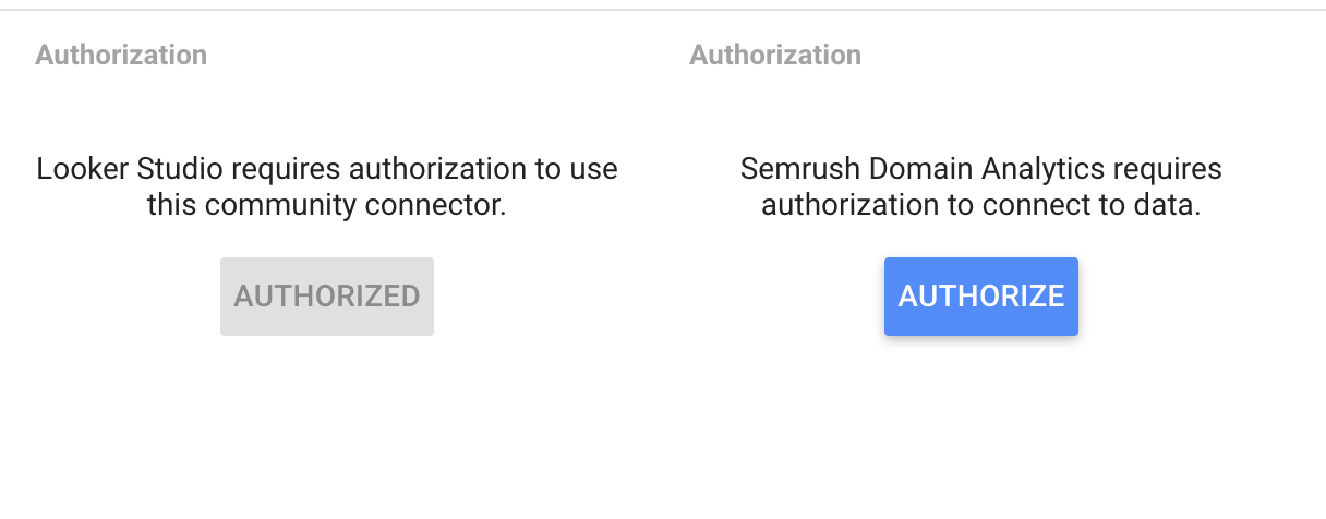 Looker Studio authorize connector with two buttons. First grey authorized button, the second button is blue and labeled 'authorize'. 