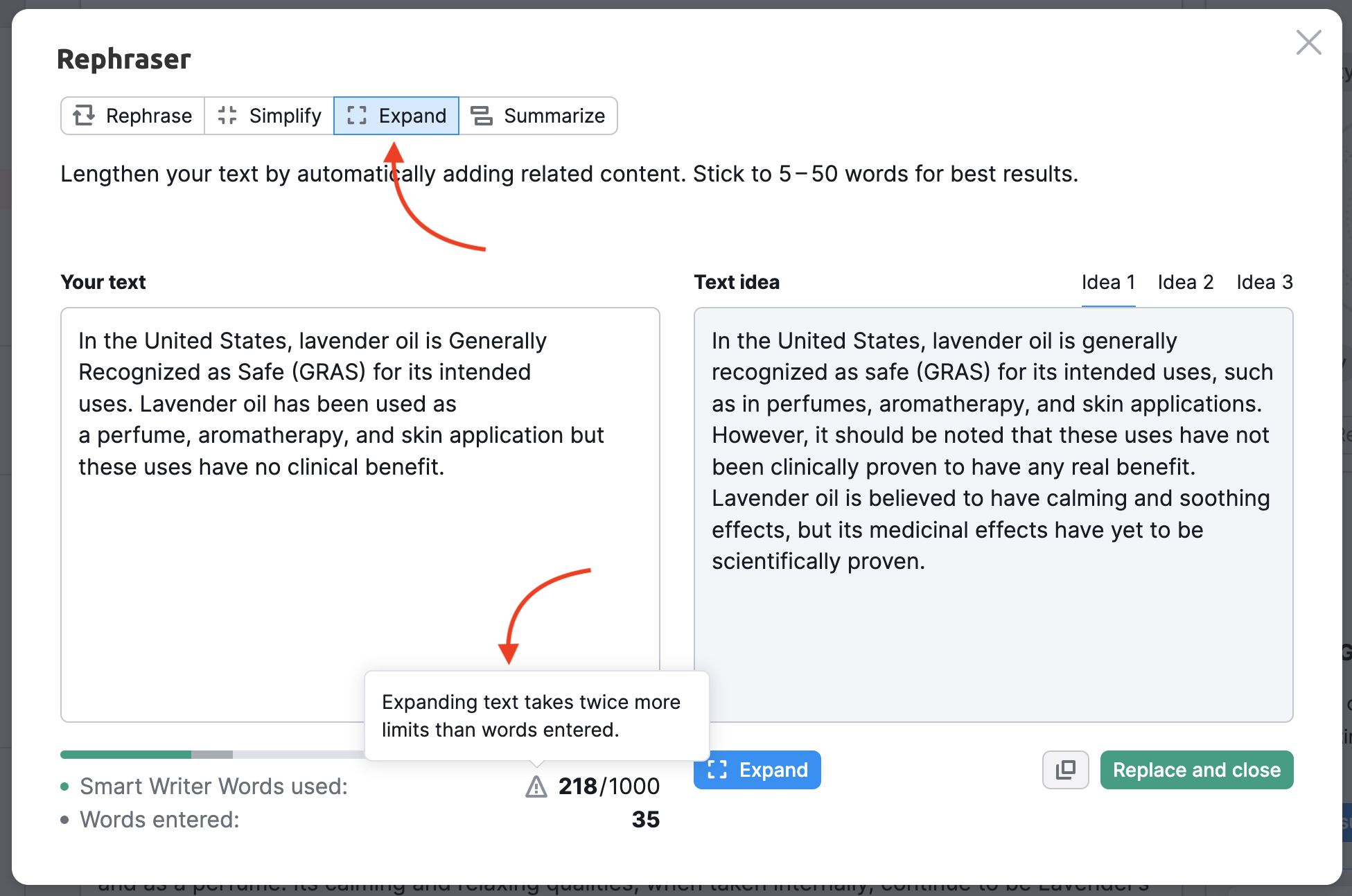 Example showing how to the Rephraser feature works. An arrow points to the "Expand" option in the menu. The example shows two boxes of text: one with your text and the other with the expanded text idea. Another arrow points to a message about limits: "Expanding text takes twice more limits than words entered."