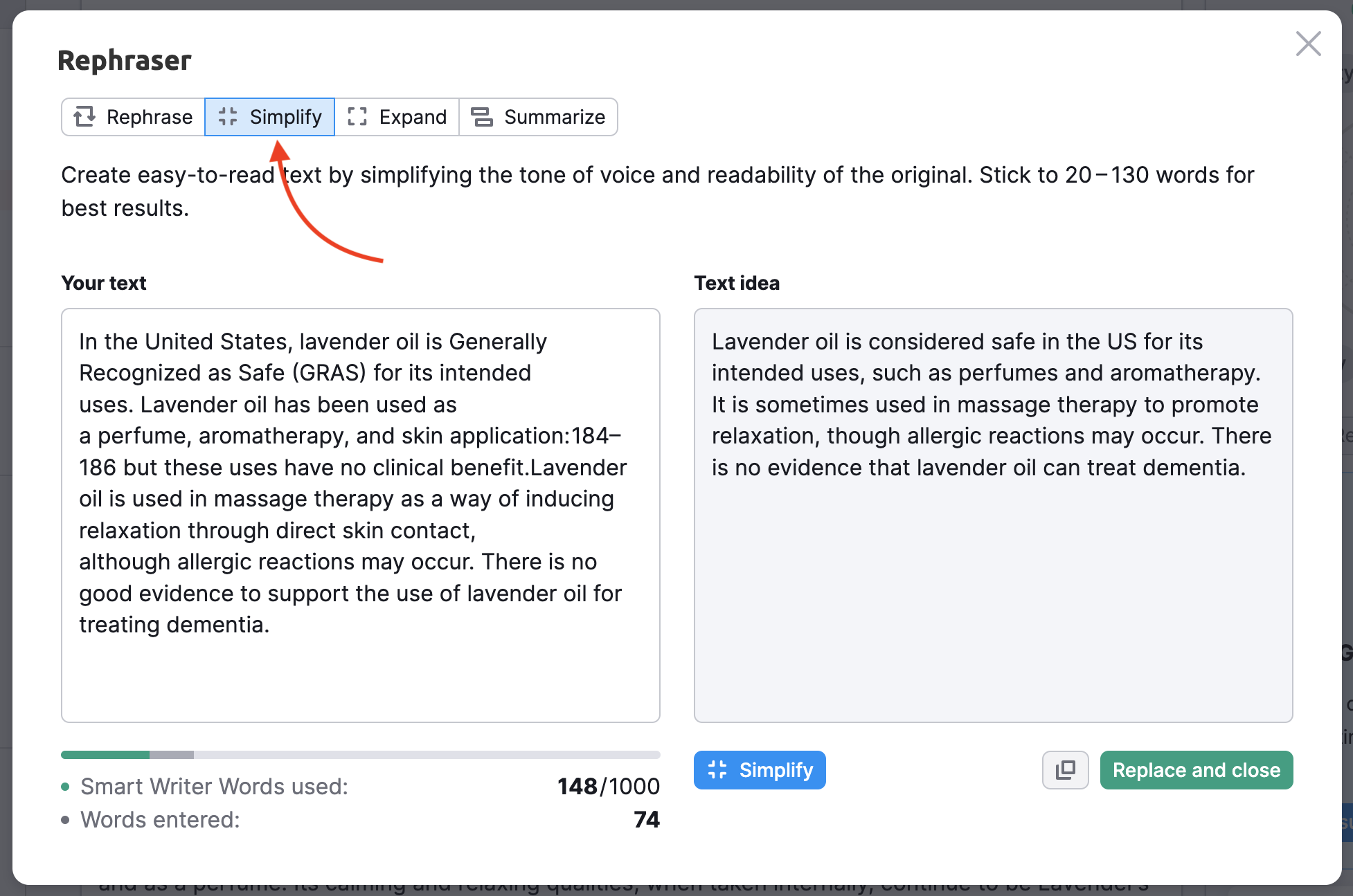 Example showing how to the Rephraser feature works. An arrow points to the "Simplify" option in the menu. The example shows two boxes of text: one with your text and the other with the simplified text idea. 