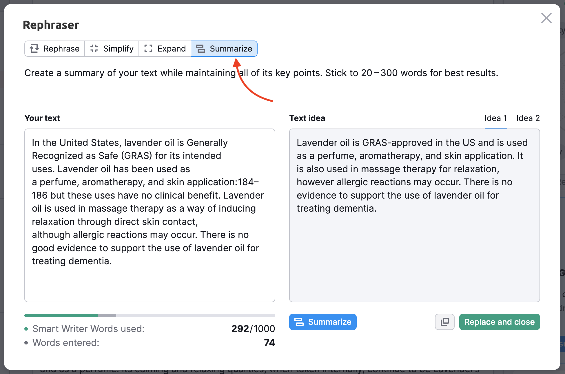 Example showing how to the Rephraser feature works. An arrow points to the "Summarize" option in the menu. The example shows two boxes of text: one with your text and the other with the summarized text idea. 