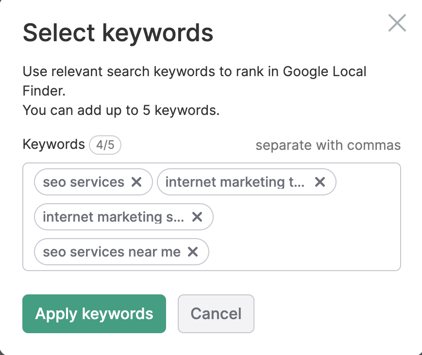 Pop-up for selecting keywords in the Local Rankings tab. 