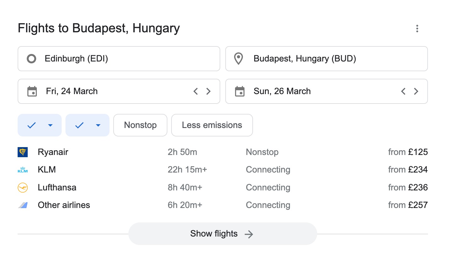 What Flights look like on a desktop SERP