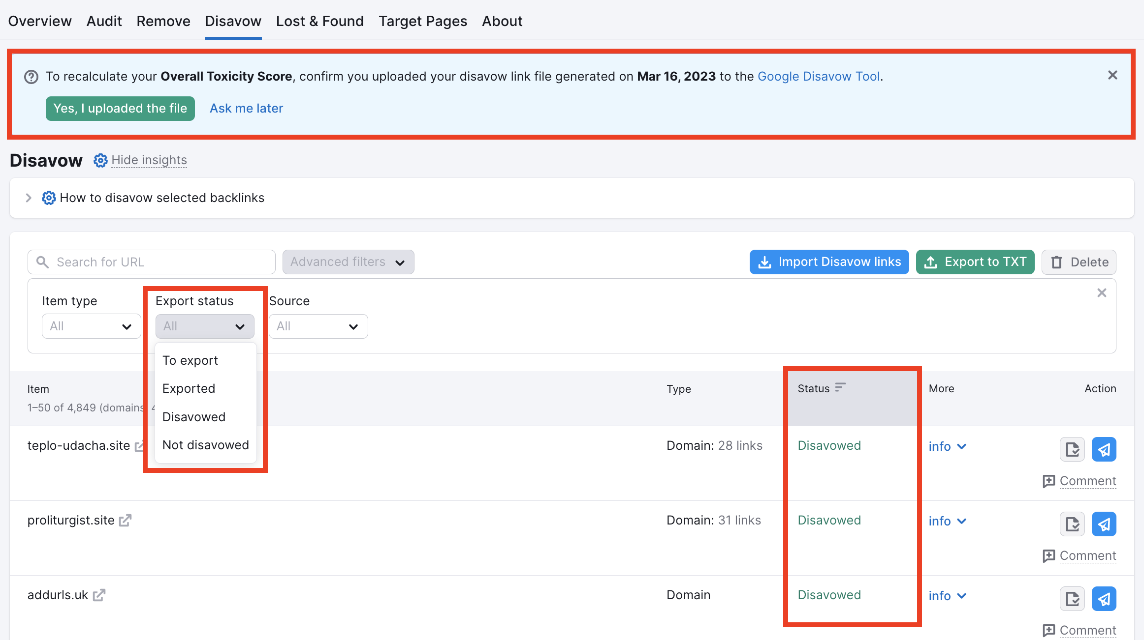 How to confirm that you have disavowed the links.