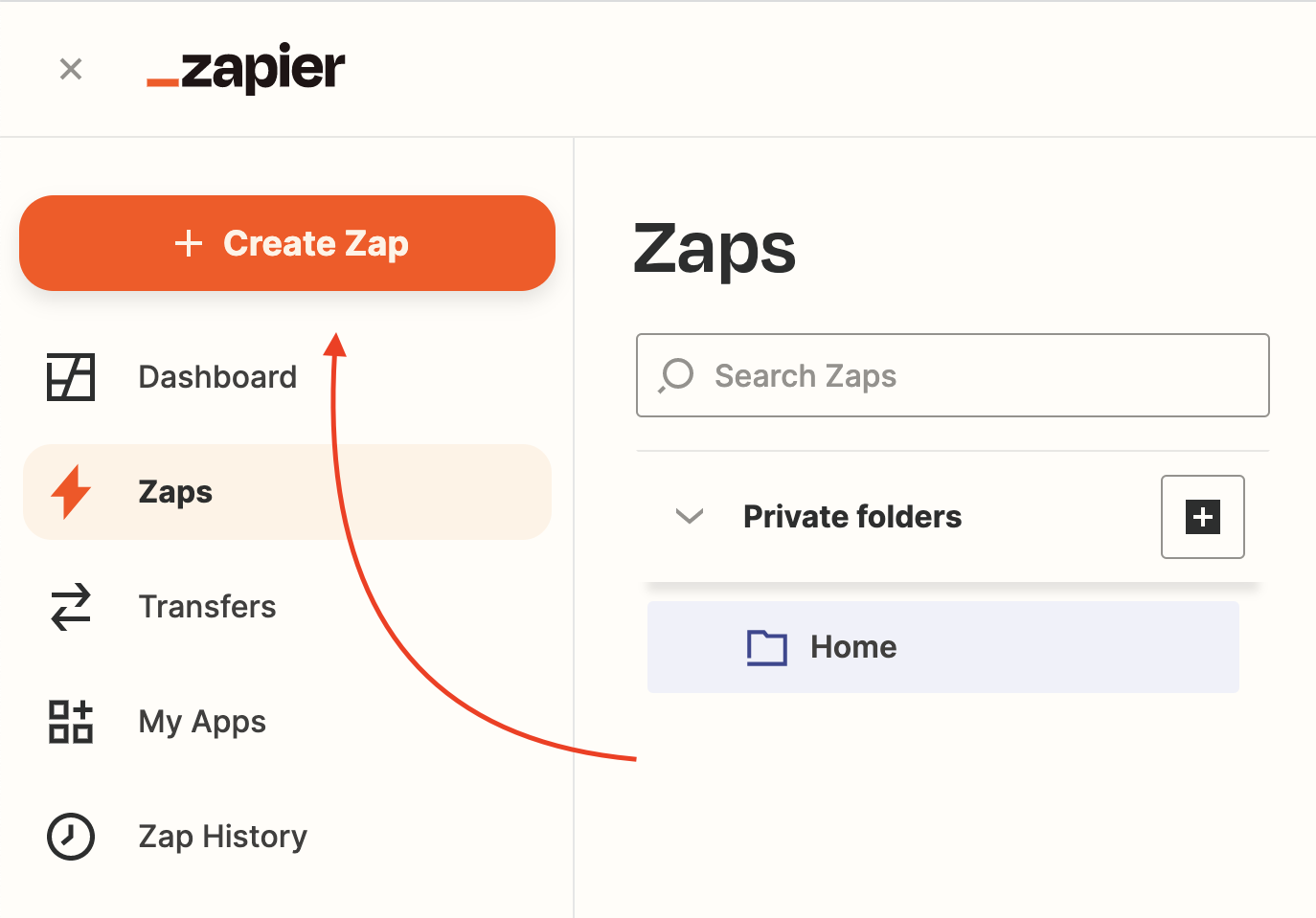 Screenshot from Zapier with a red arrow pointing to the 'Create Zap' button in the top right corner.