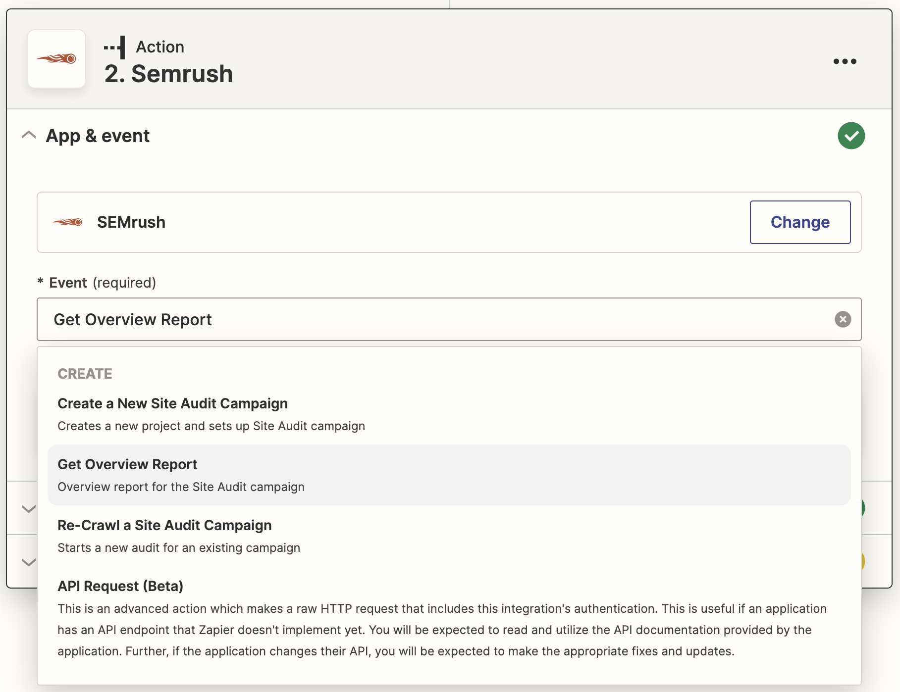 App & event tab in Zapier, showing available actions for an example event 'Get Overview Report'.