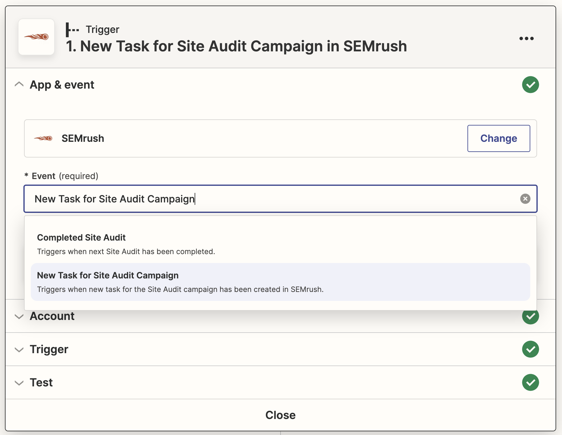 Screenshot from Zapier showing how to select  'New Task for Site Audit Campaign' event in the drop-down.