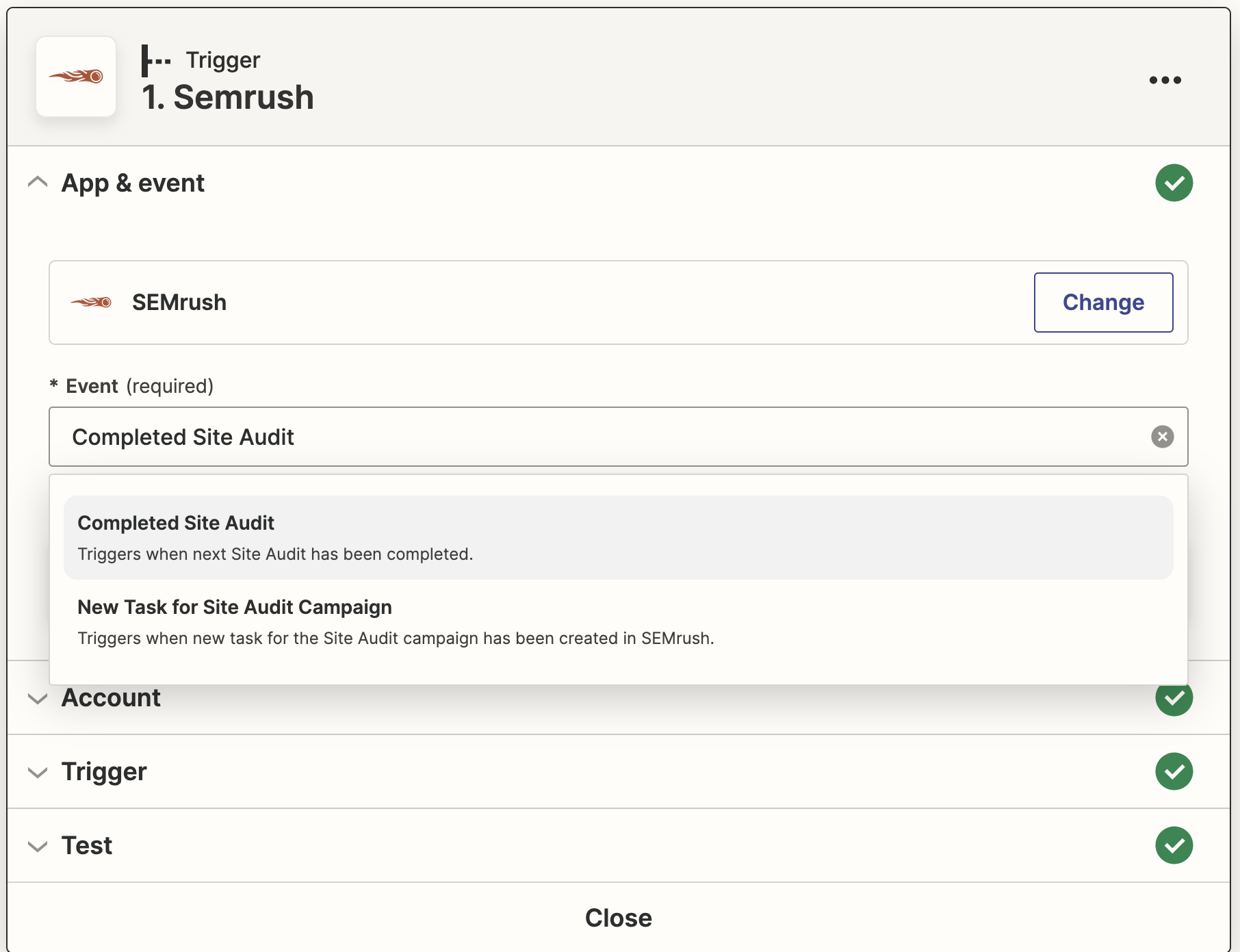 Screenshot from Zapier showing events 'Completed Site Audit' and 'New Task for Site Audit Campaign'.