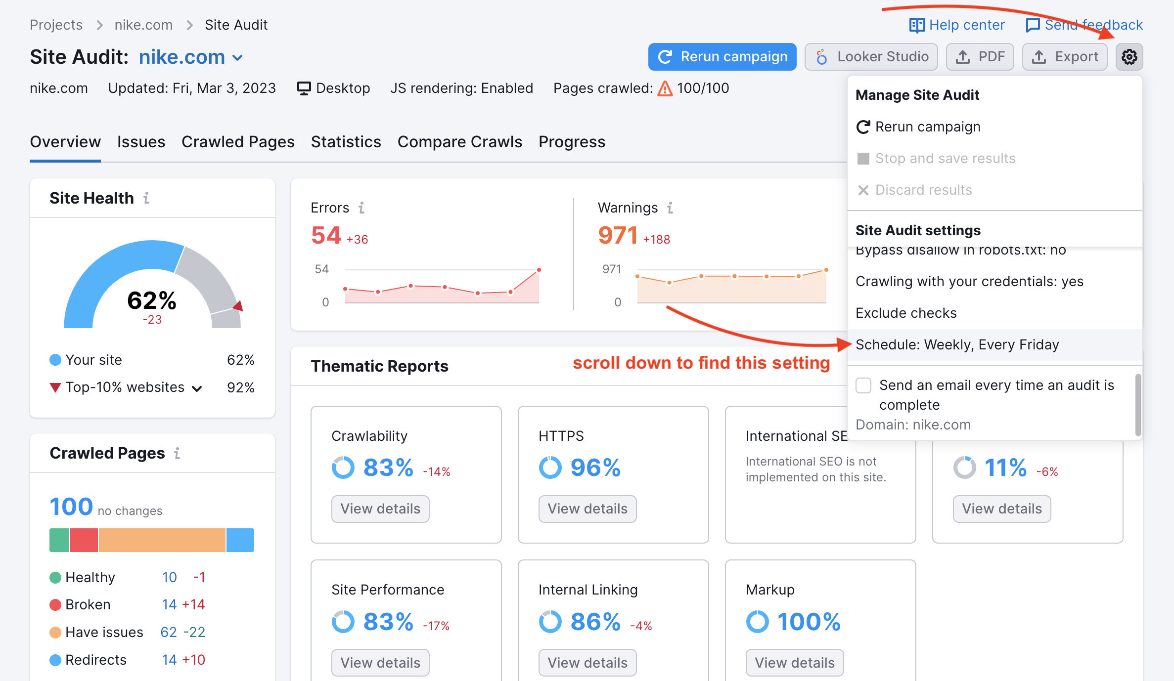 An example of the Site Audit Overview report. A red arrow is pointing at the gear icon in the top right corner. Underneath the icon, a dropdown menu is opened where another red arrow is pointing at the Schedule settings. In this example, schedule is set to Weekly, Every Friday. A text under the second red arrow says: scroll down to find this setting.