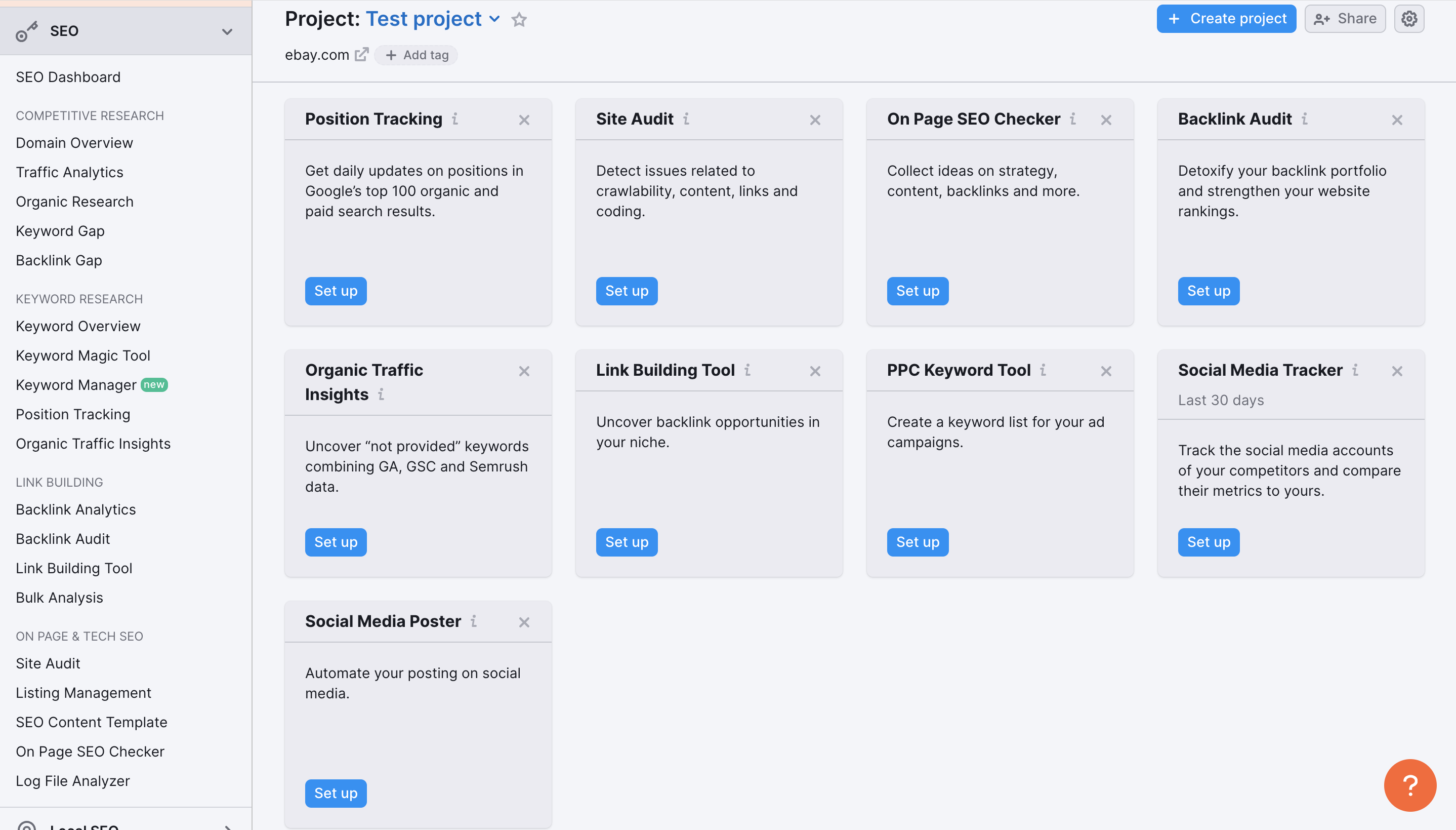 Project dasboard of a completely new project. None of the tools are set up yet, and each project tool widget on page has a blue Set up option provided.