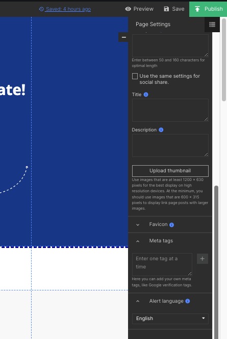 The right sidebar on the landing page editor. This sidebar contains different options depending upon what is selected.