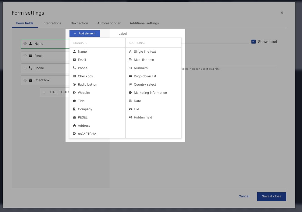 In Form Settings, the "add element" button triggers a drop down menu, listing every available form element.