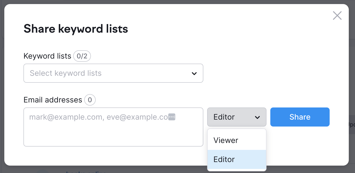 A sharing menu pop-up showing two sharing options: Viewer and Editor. 