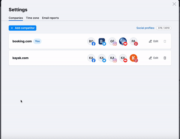 Social Tracker settings widget with an example how to add competitors. GIF demonstrates that social media channels will be connected to the newly added competitor automatically.