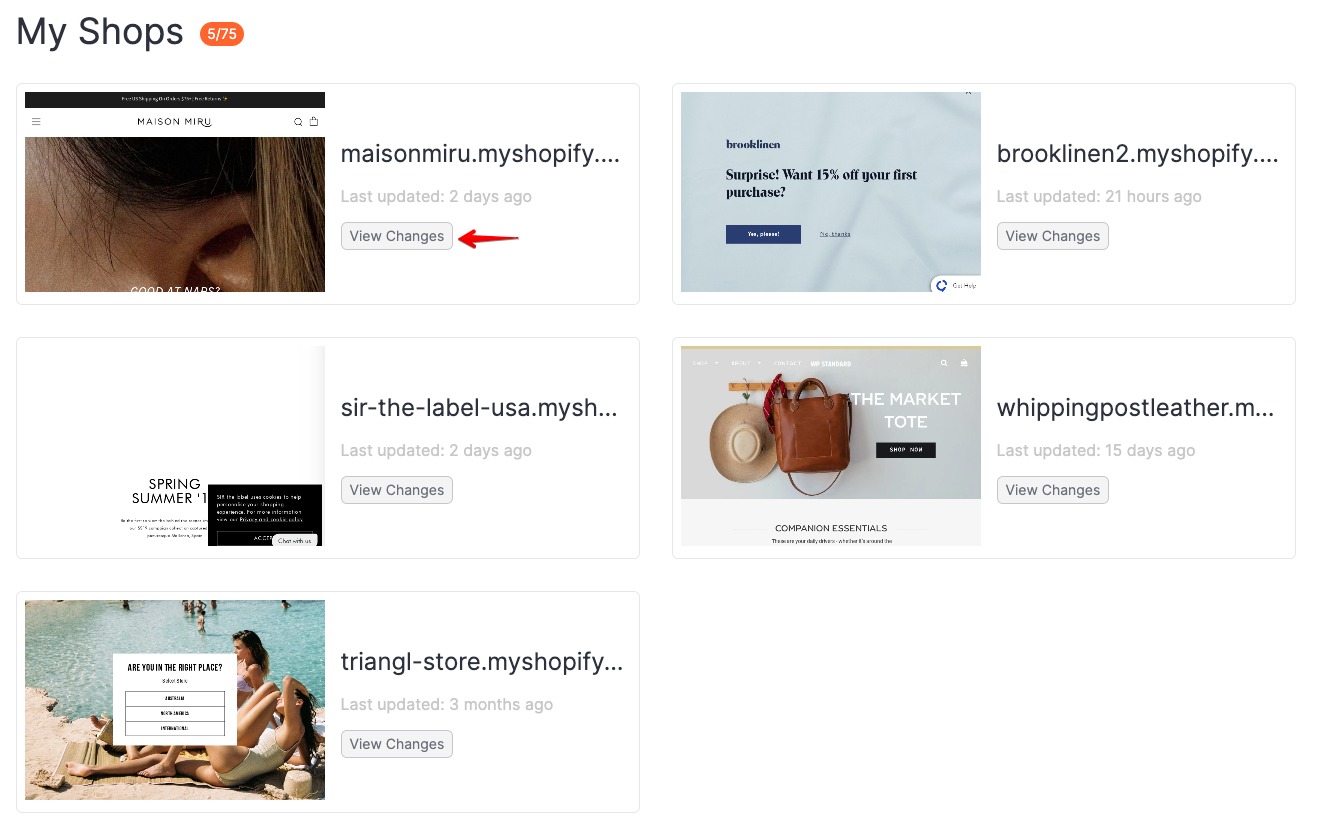 The ‘my shop’ section with an arrow pointing to the ‘view changes’ button on the first tile.