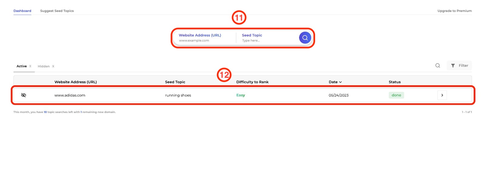 Where to enter your domain and a seed topic and where the analysis will appear.  