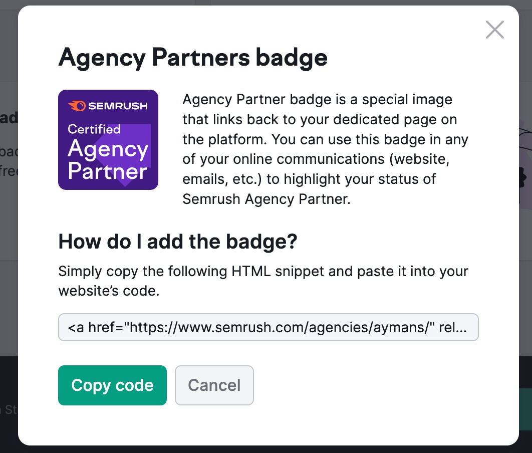 A pop-up window with a preview of the Agency Partner badge and an explanation of how it works. An HTML code is provided below that allows inserting a badge anywhere in a website's source code.