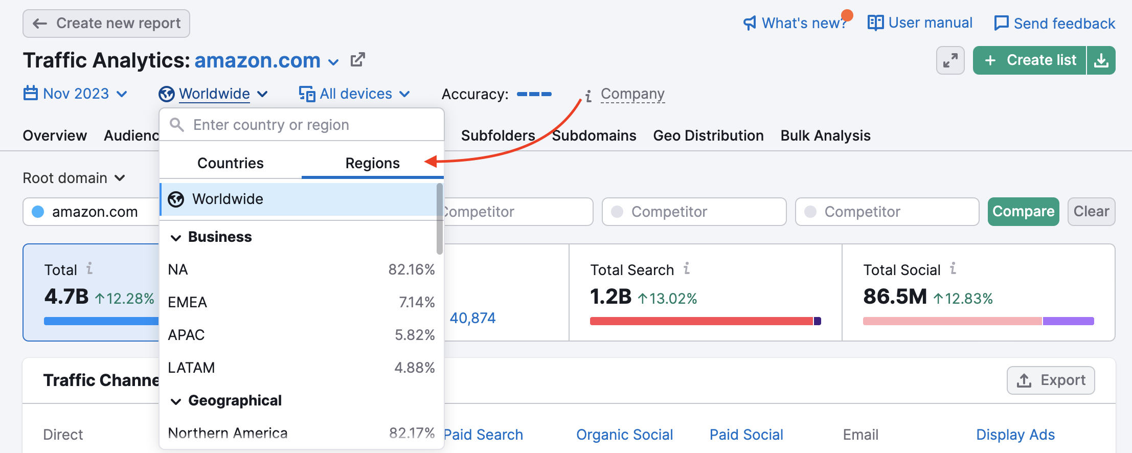 A red arrow is pointing to the Regions selector in the national database drop-down in the Traffic Journey report.