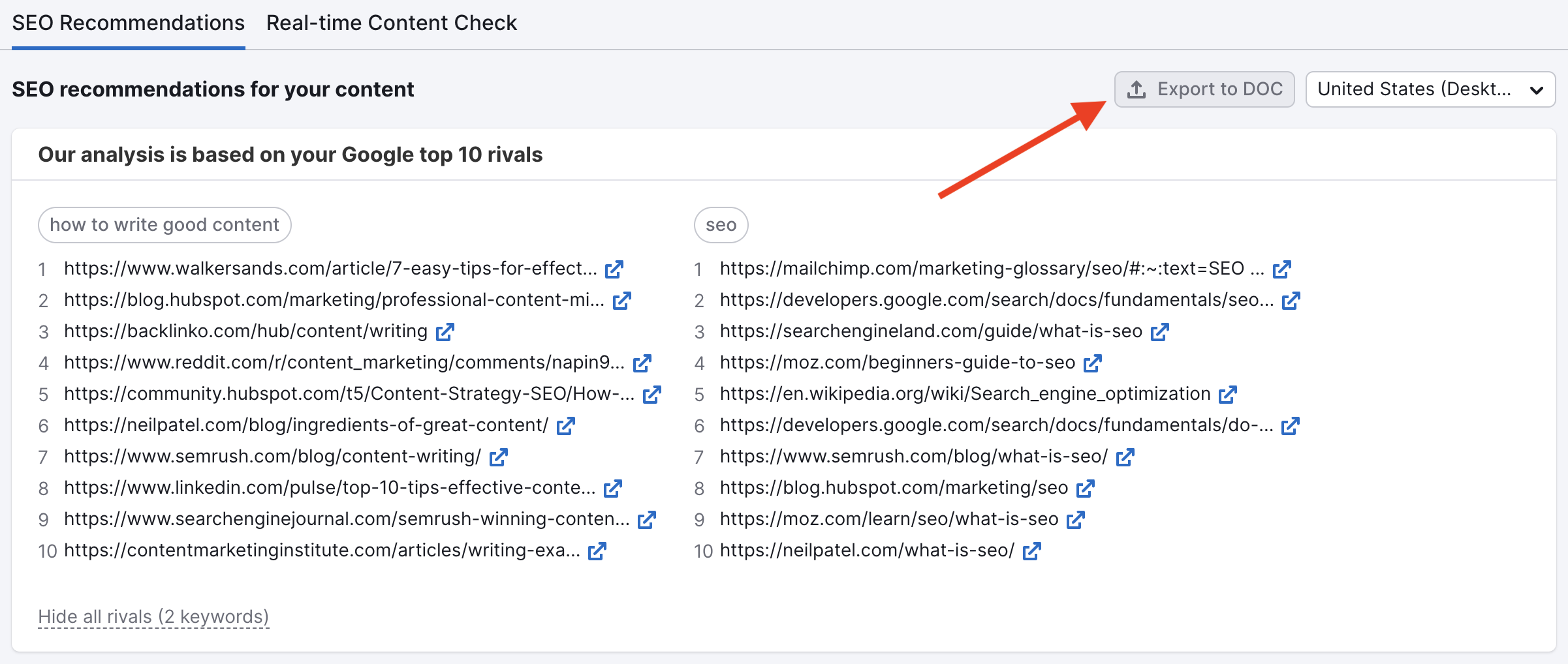 SEO Content Template tool. How to export the template to a word document. A red arrow points to the 'export to DOC' button in the top right hand corner. 