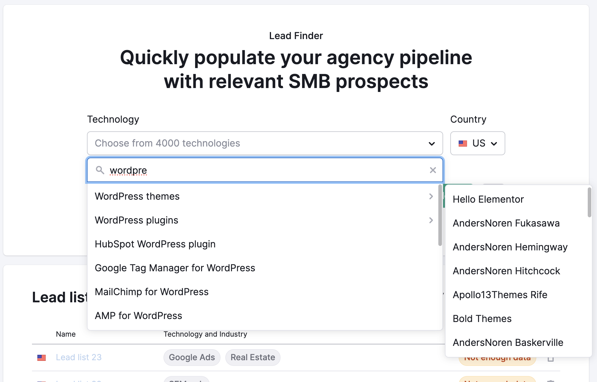 An example of how technology search function works. By entering "wordpress" and opening the additional menu via arrow icon on the right, a list of additional technologies such as Hello Elementor or AndersNoren Fukasawa can be accessed.