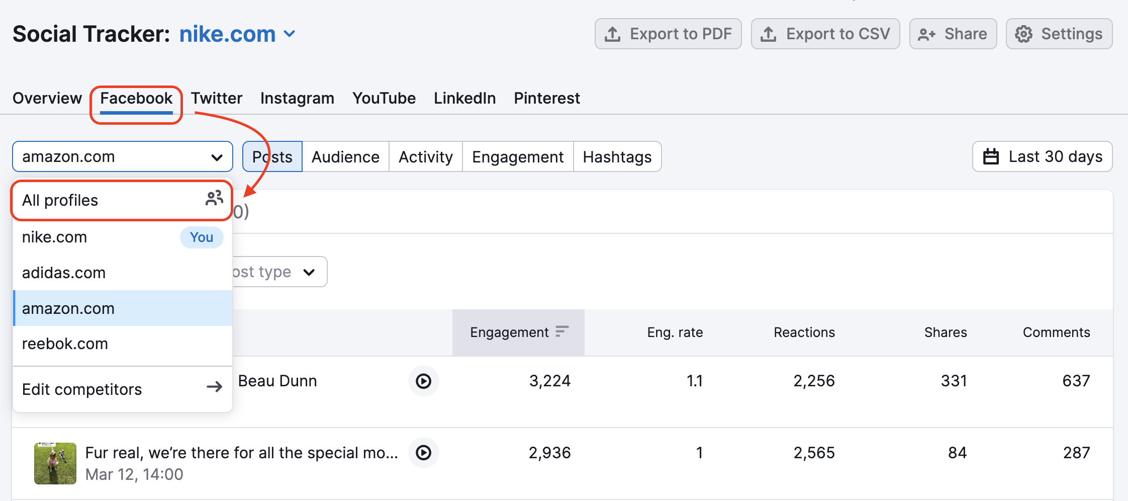 An example of the Social Tracker Facebook report with red rectangles highlighting the name of the report and the drop-down menu where you can select  the social profiles in the top-left corner of the report.  