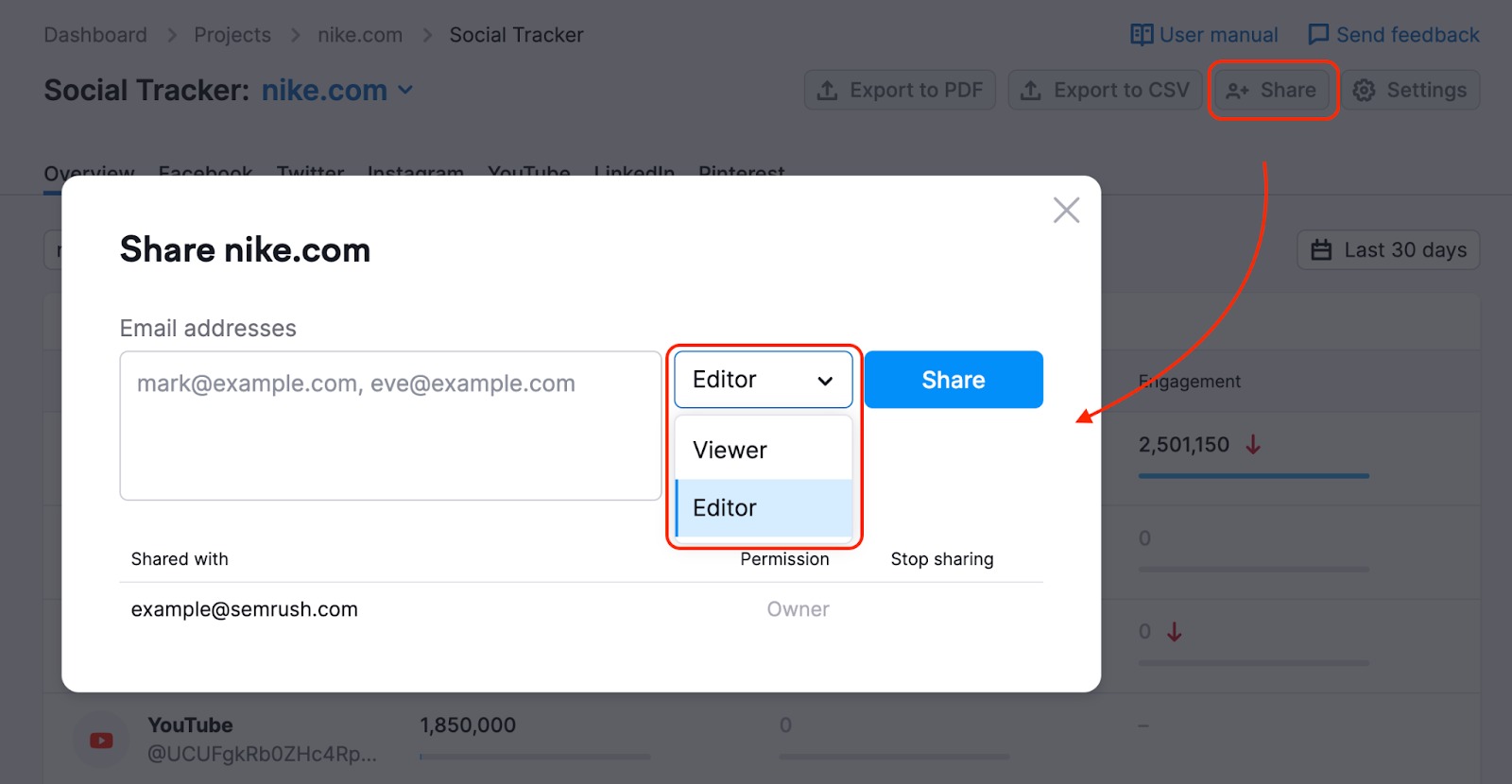 Pop-up screen that appears when you click on a Share button in Social Tracker. Aside from the email address field, the menu has Viewer and Editor options that are highlighted on the screenshot.